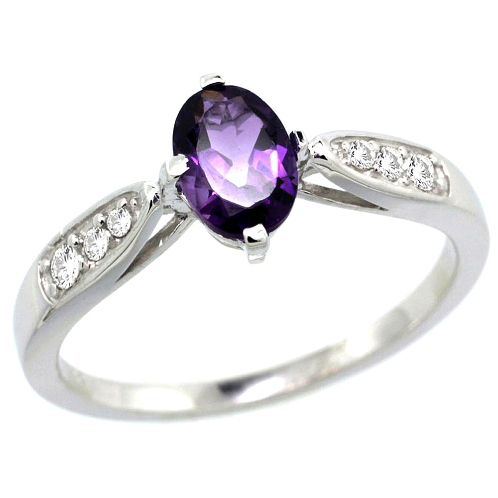 10K White Gold Diamond Natural Amethyst Engagement Ring Oval 7x5mm, sizes 5 - 10 