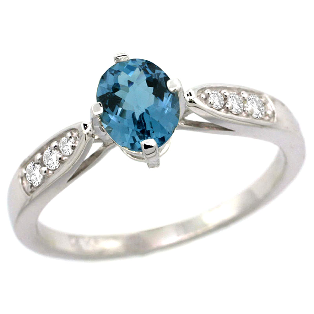 14k White Gold Diamond Natural London Blue Topaz Engagement Ring Oval 7x5mm, sizes 5 - 10 