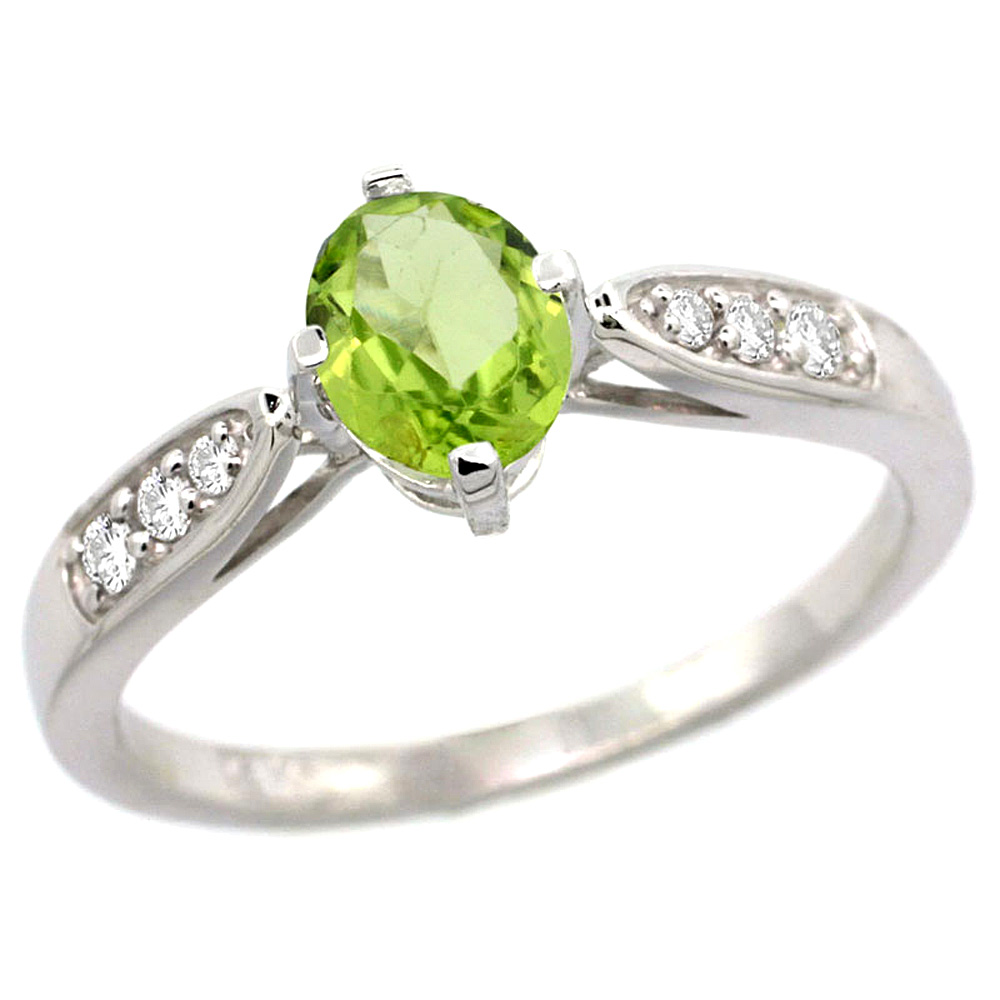 10K White Gold Diamond Natural Peridot Engagement Ring Oval 7x5mm, sizes 5 - 10 