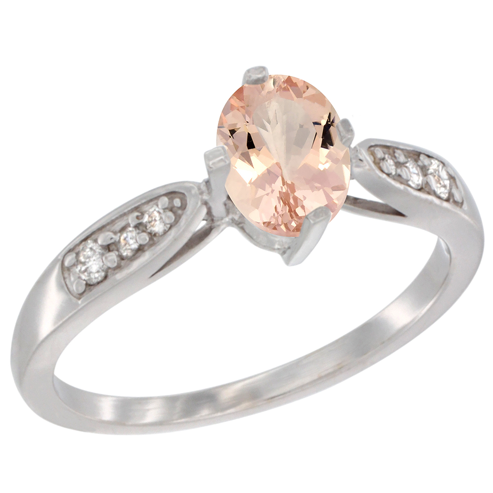 10K White Gold Diamond Natural Morganite Engagement Ring Oval 7x5mm, sizes 5 - 10 