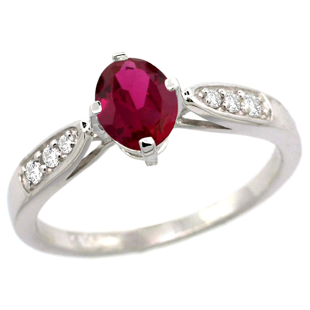 10K White Gold Diamond Natural High Quality Ruby Engagement Ring Oval 7x5mm, sizes 5 - 10 