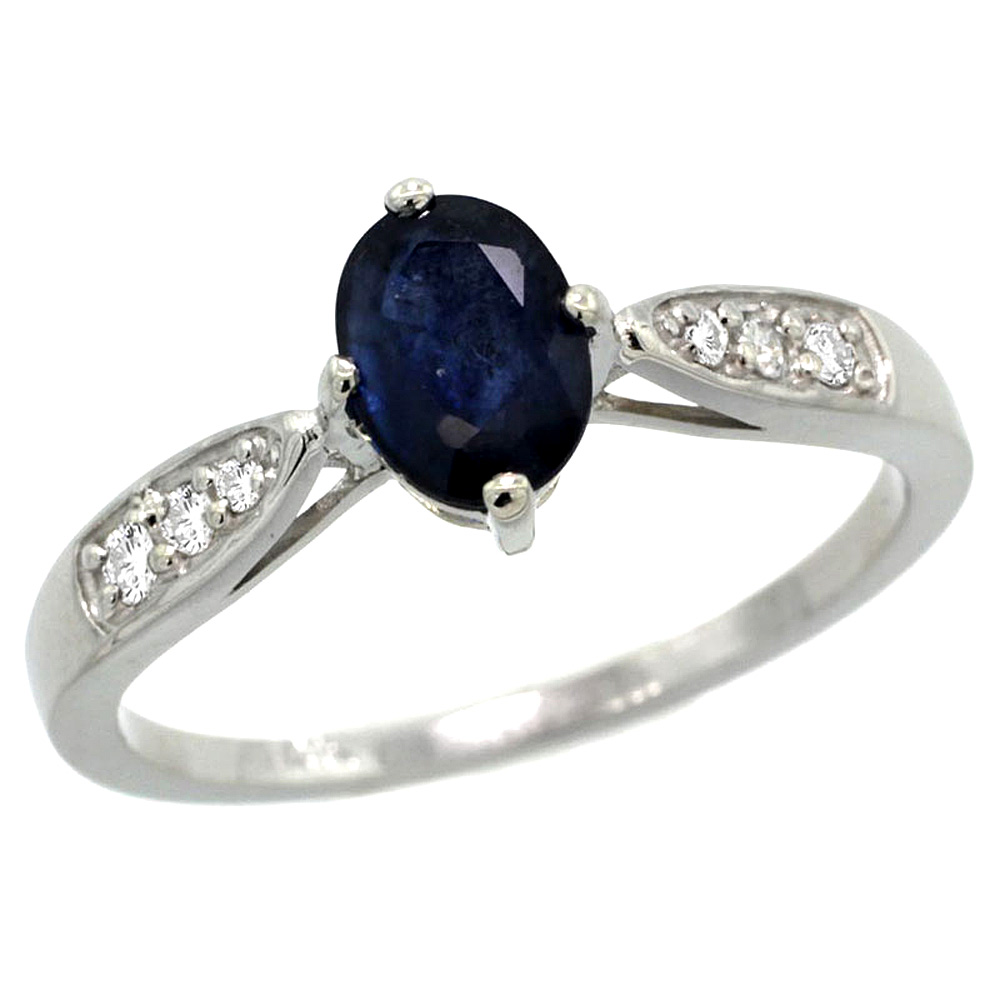 10K White Gold Diamond Natural Blue Sapphire Engagement Ring Oval 7x5mm, sizes 5 - 10 