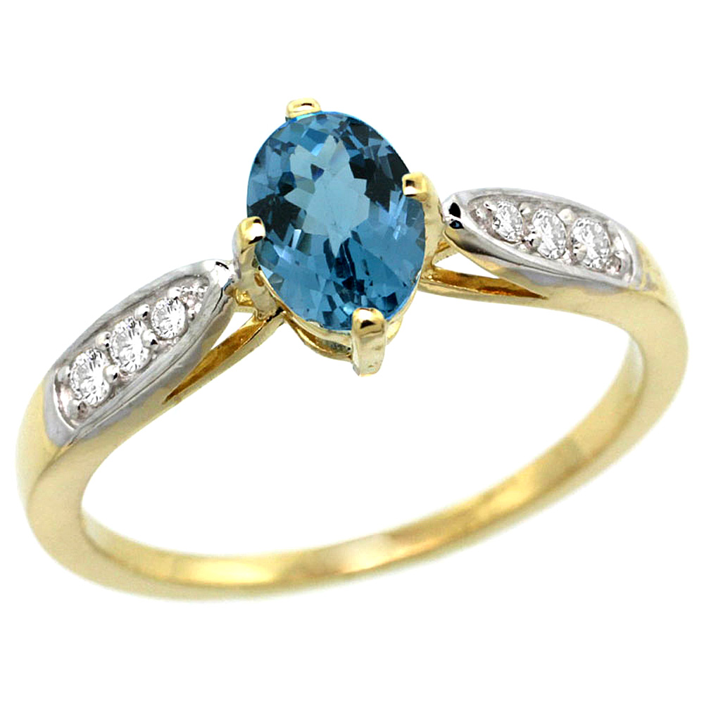 10K Yellow Gold Diamond Natural London Blue Topaz Engagement Ring Oval 7x5mm, sizes 5 - 10 