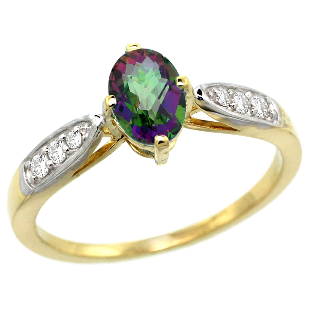10K Yellow Gold Diamond Natural Mystic Topaz Engagement Ring Oval 7x5mm, sizes 5 - 10 