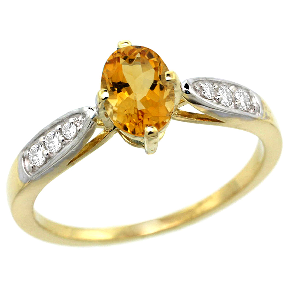 10K Yellow Gold Diamond Natural Citrine Engagement Ring Oval 7x5mm, sizes 5 - 10 