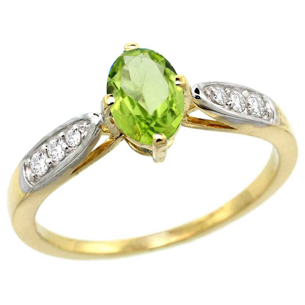 10K Yellow Gold Diamond Natural Peridot Engagement Ring Oval 7x5mm, sizes 5 - 10 