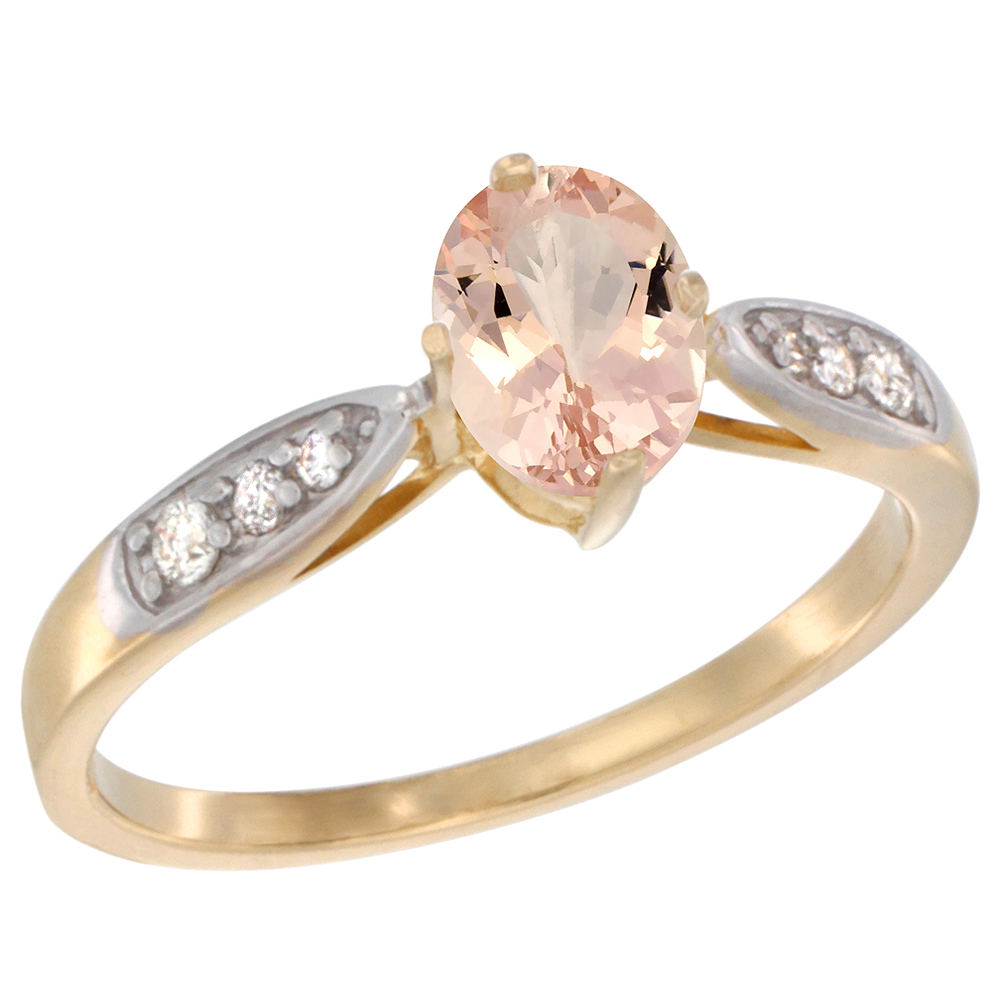 10K Yellow Gold Diamond Natural Morganite Engagement Ring Oval 7x5mm, sizes 5 - 10 