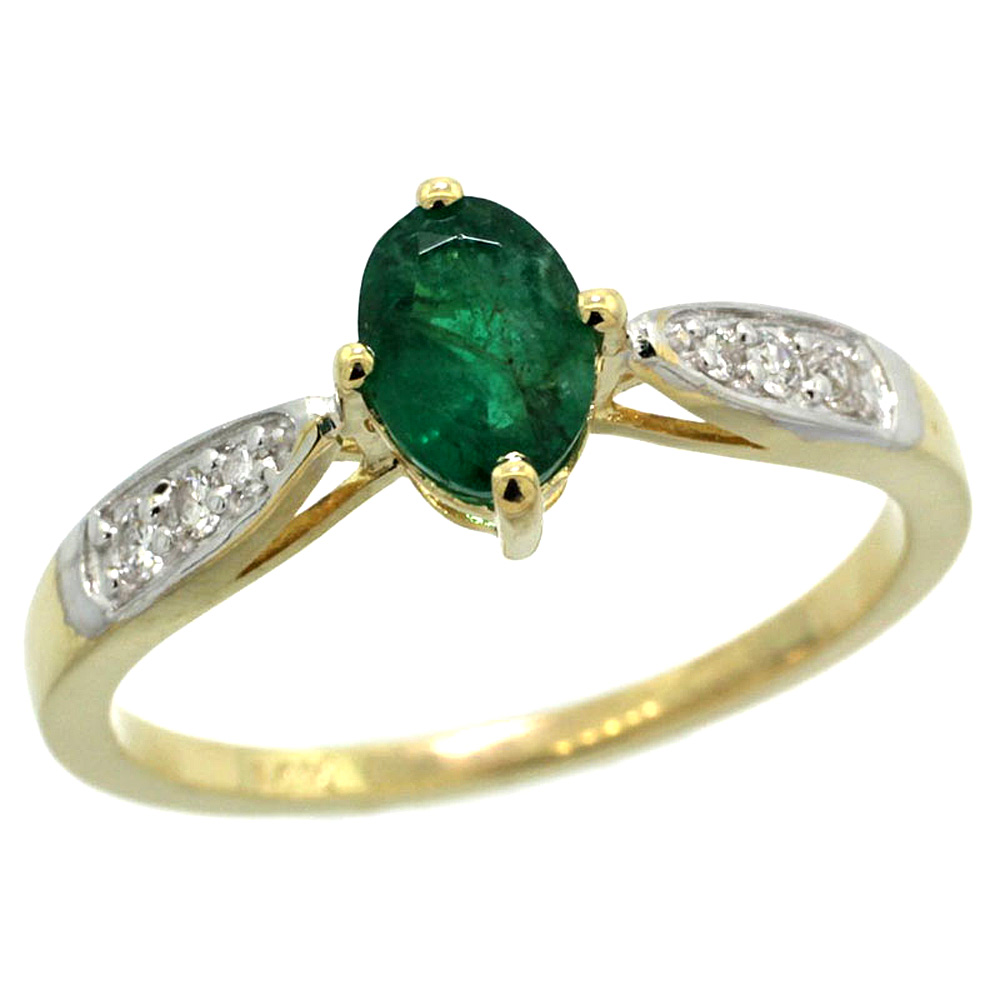 10K Yellow Gold Diamond Natural High Quality Emerald Engagement Ring Oval 7x5mm, sizes 5 - 10 