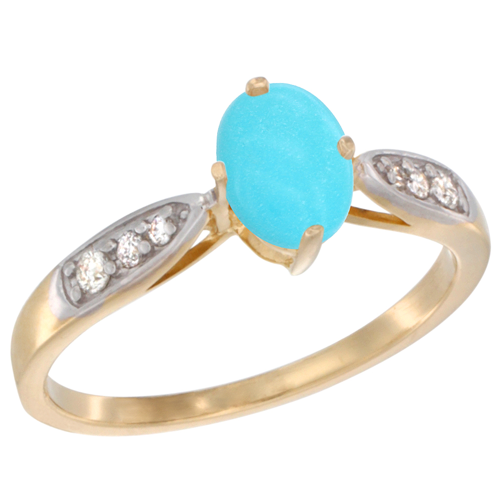14k Yellow Gold Diamond Natural Turquoise Engagement Ring Oval 7x5mm, sizes 5 - 10 
