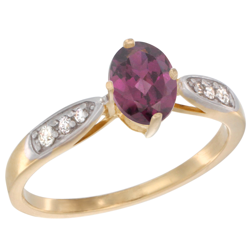 10K Yellow Gold Diamond Natural Rhodolite Engagement Ring Oval 7x5mm, sizes 5 - 10 