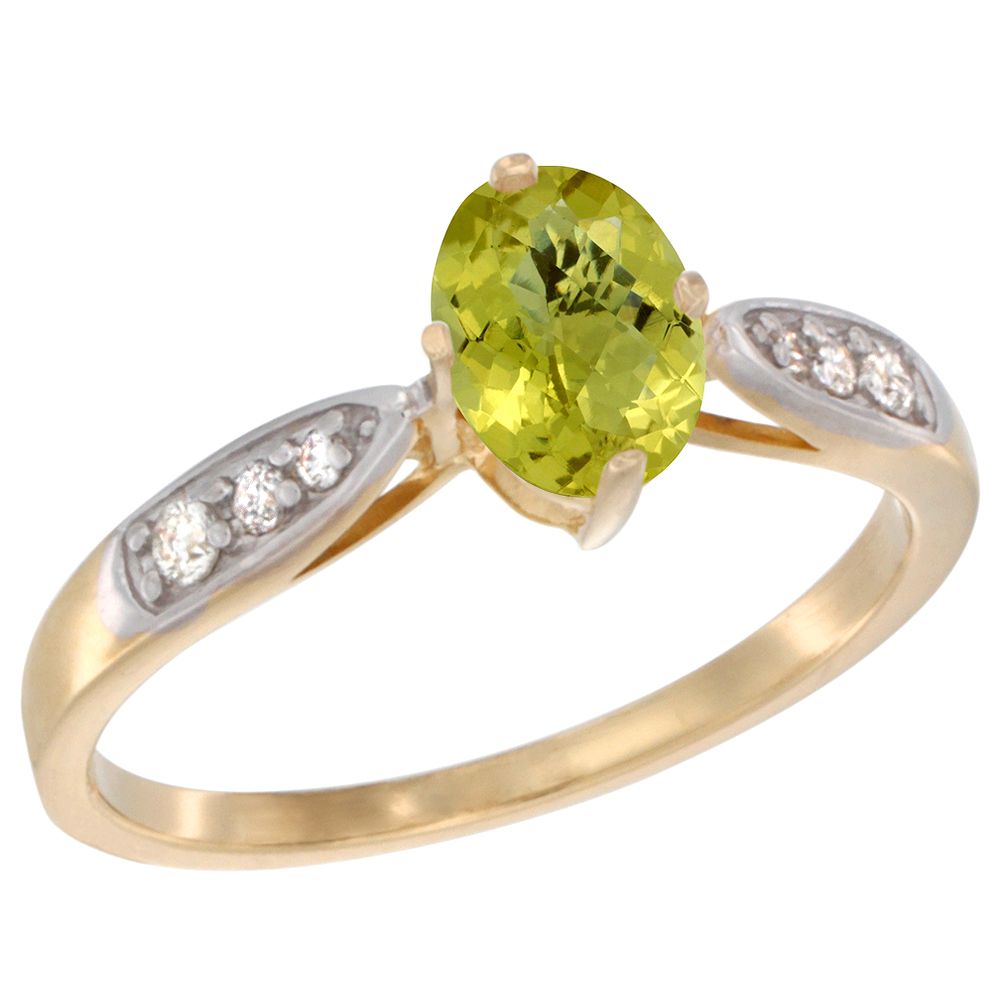 10K Yellow Gold Diamond Natural Lemon Quartz Engagement Ring Oval 7x5mm, sizes 5 - 10 