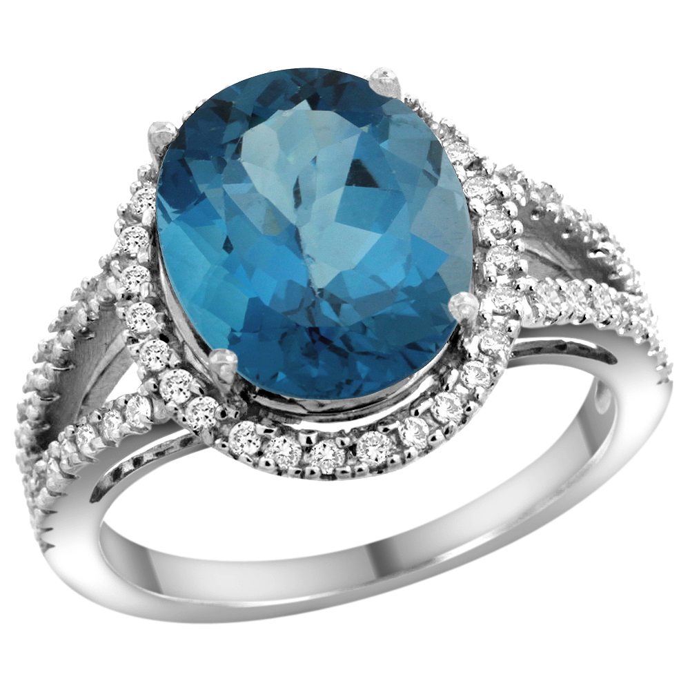 10K White Gold Natural London Blue Topaz Ring Oval 12x10mm Diamond Accents, sizes 5 - 10 