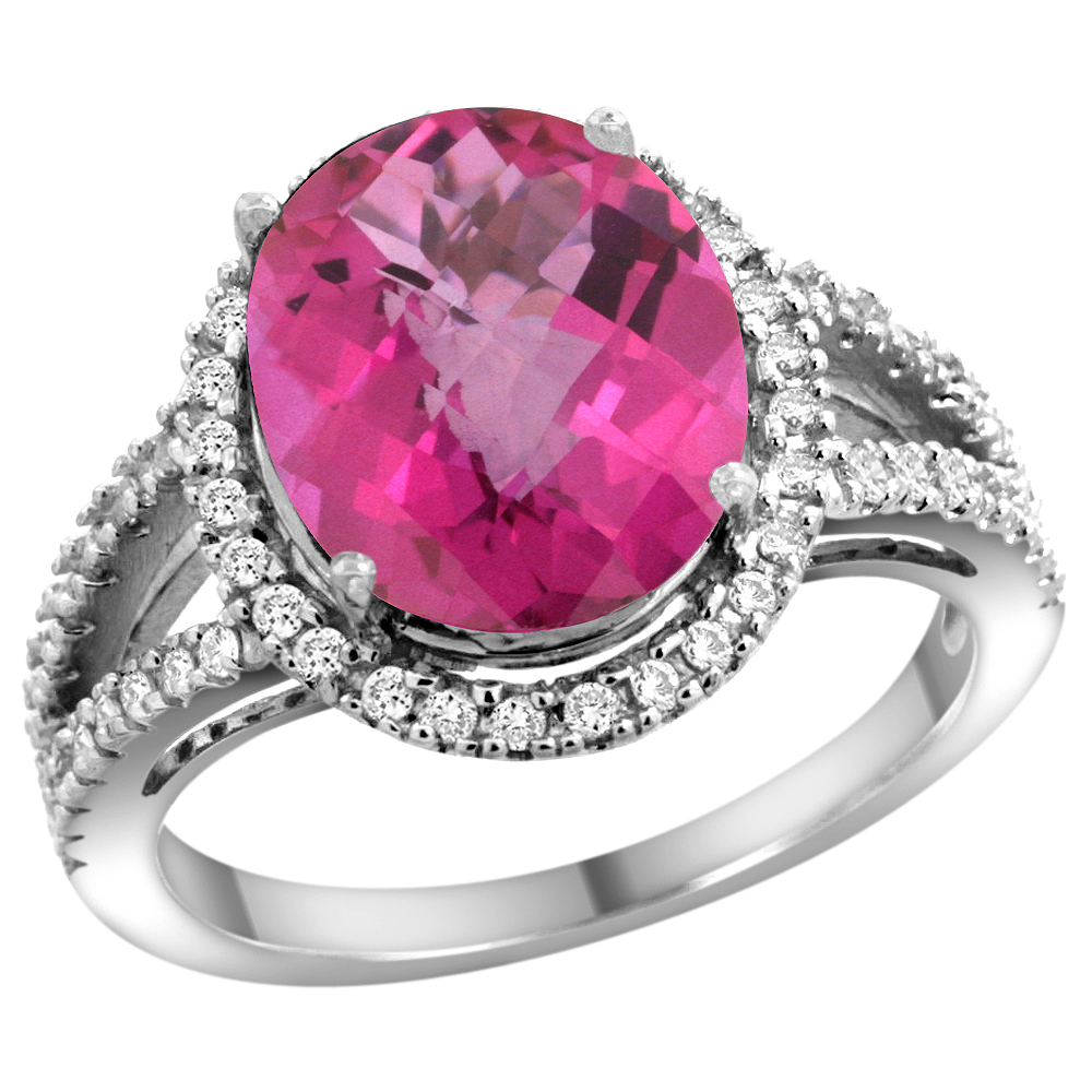 10K White Gold Natural Pink Topaz Ring Oval 12x10mm Diamond Accents, sizes 5 - 10 