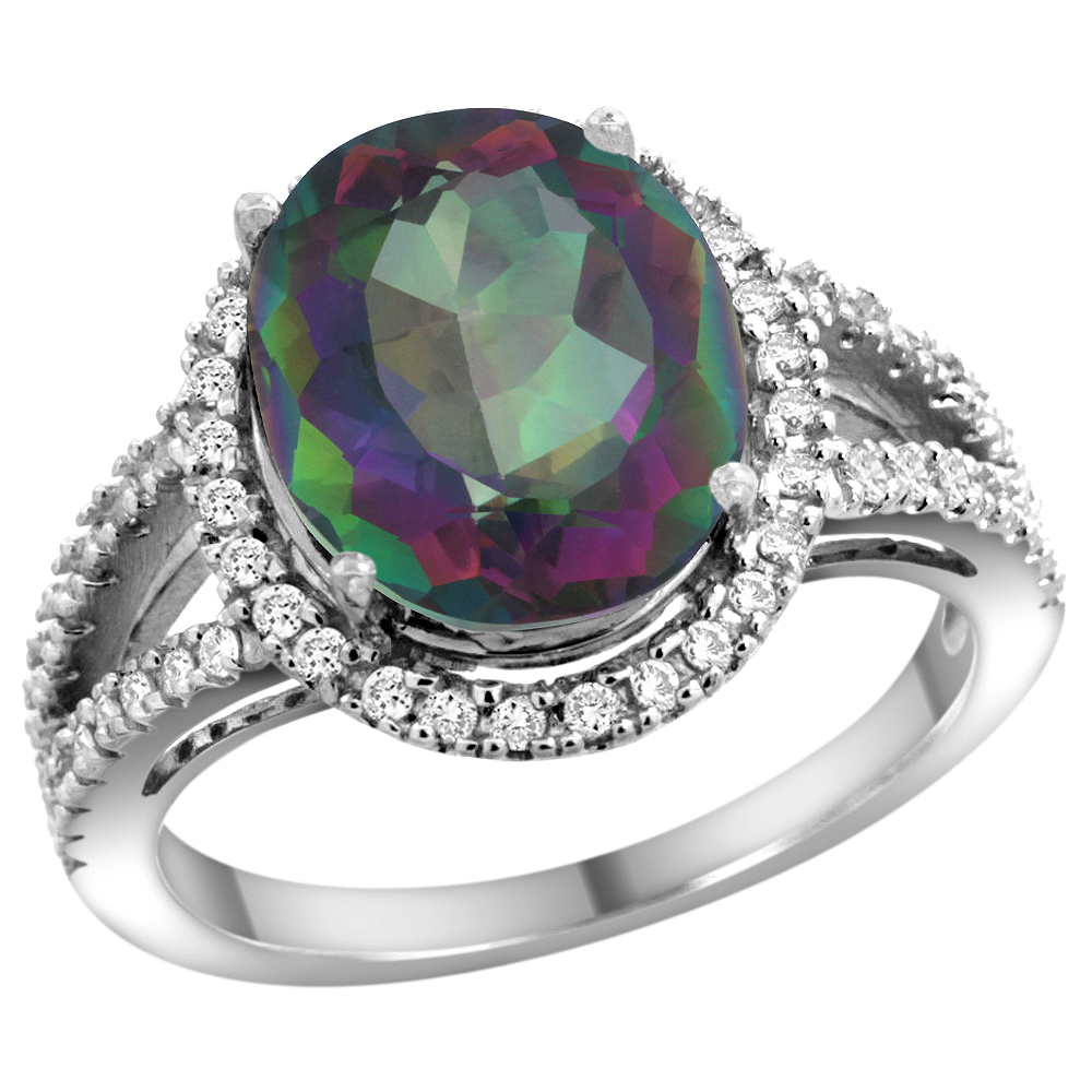 10K White Gold Natural Mystic Topaz Ring Oval 12x10mm Diamond Accents, sizes 5 - 10 