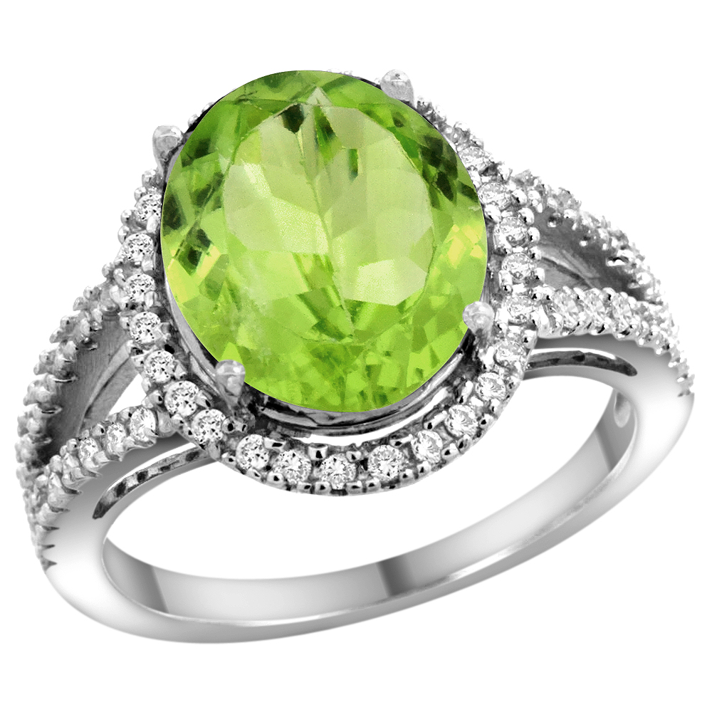 10K White Gold Natural Peridot Ring Oval 12x10mm Diamond Accents, sizes 5 - 10 