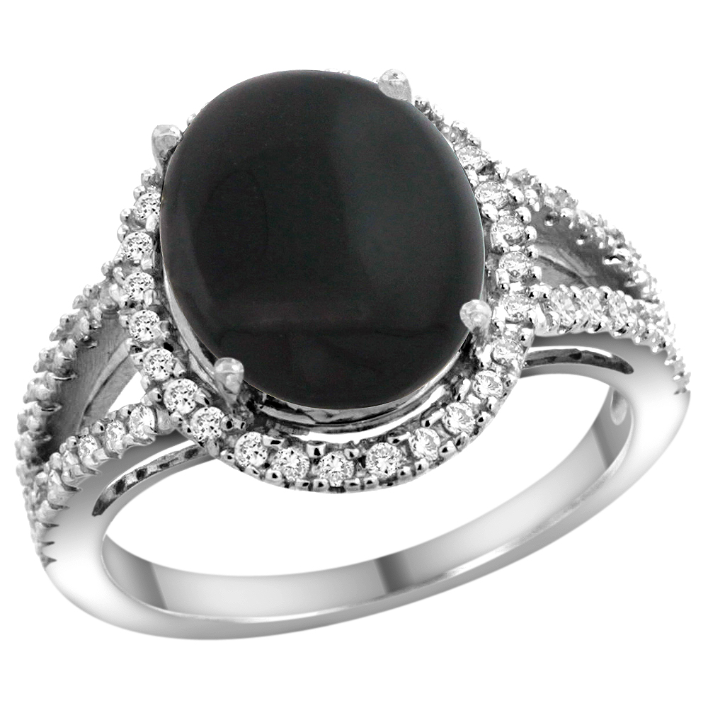 14k White Gold Natural Black Onyx Ring Oval 12x10mm Diamond Accents, sizes 5 - 10