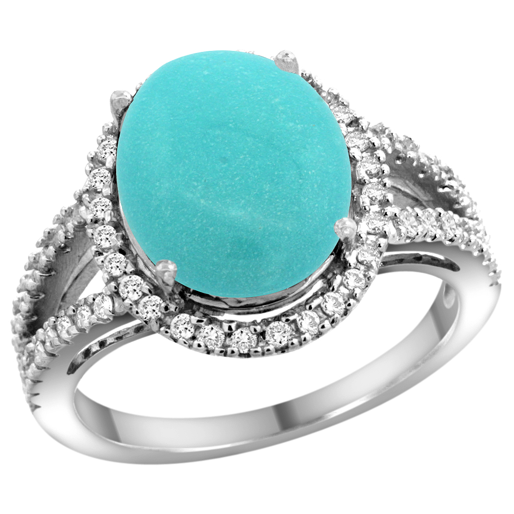 14k White Gold Natural Turquoise Ring Oval 12x10mm Diamond Accents, sizes 5 - 10