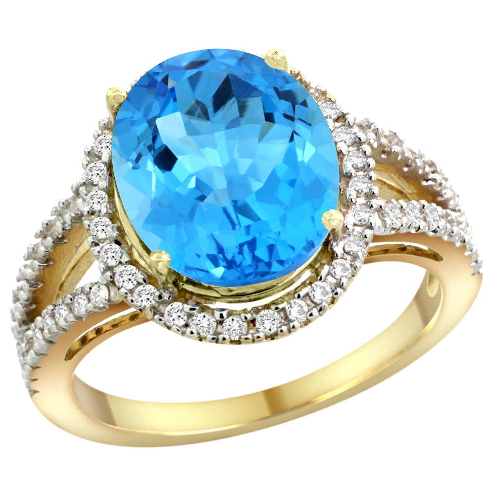10K Yellow Gold Natural Swiss Blue Topaz Ring Oval 12x10mm Diamond Accents, sizes 5 - 10 