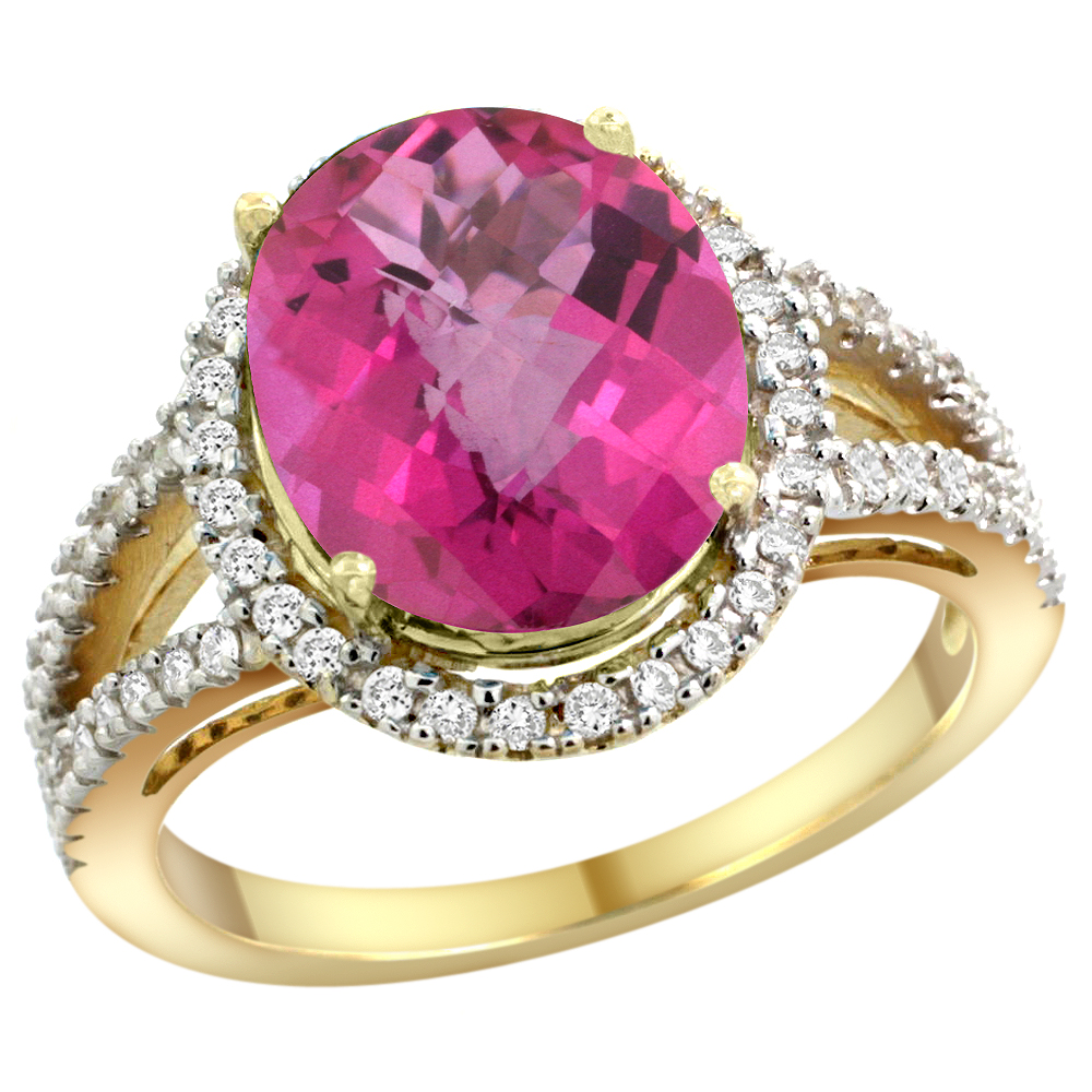 10K Yellow Gold Natural Pink Topaz Ring Oval 12x10mm Diamond Accents, sizes 5 - 10 