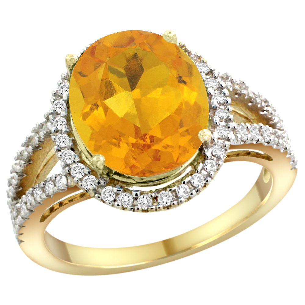 10K Yellow Gold Natural Citrine Ring Oval 12x10mm Diamond Accents, sizes 5 - 10 