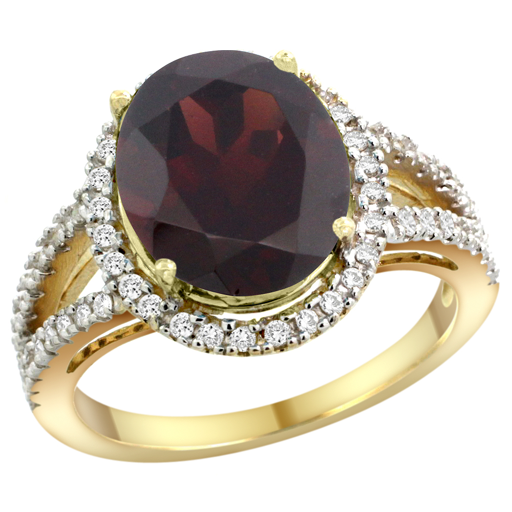 10K Yellow Gold Natural Garnet Ring Oval 12x10mm Diamond Accents, sizes 5 - 10 