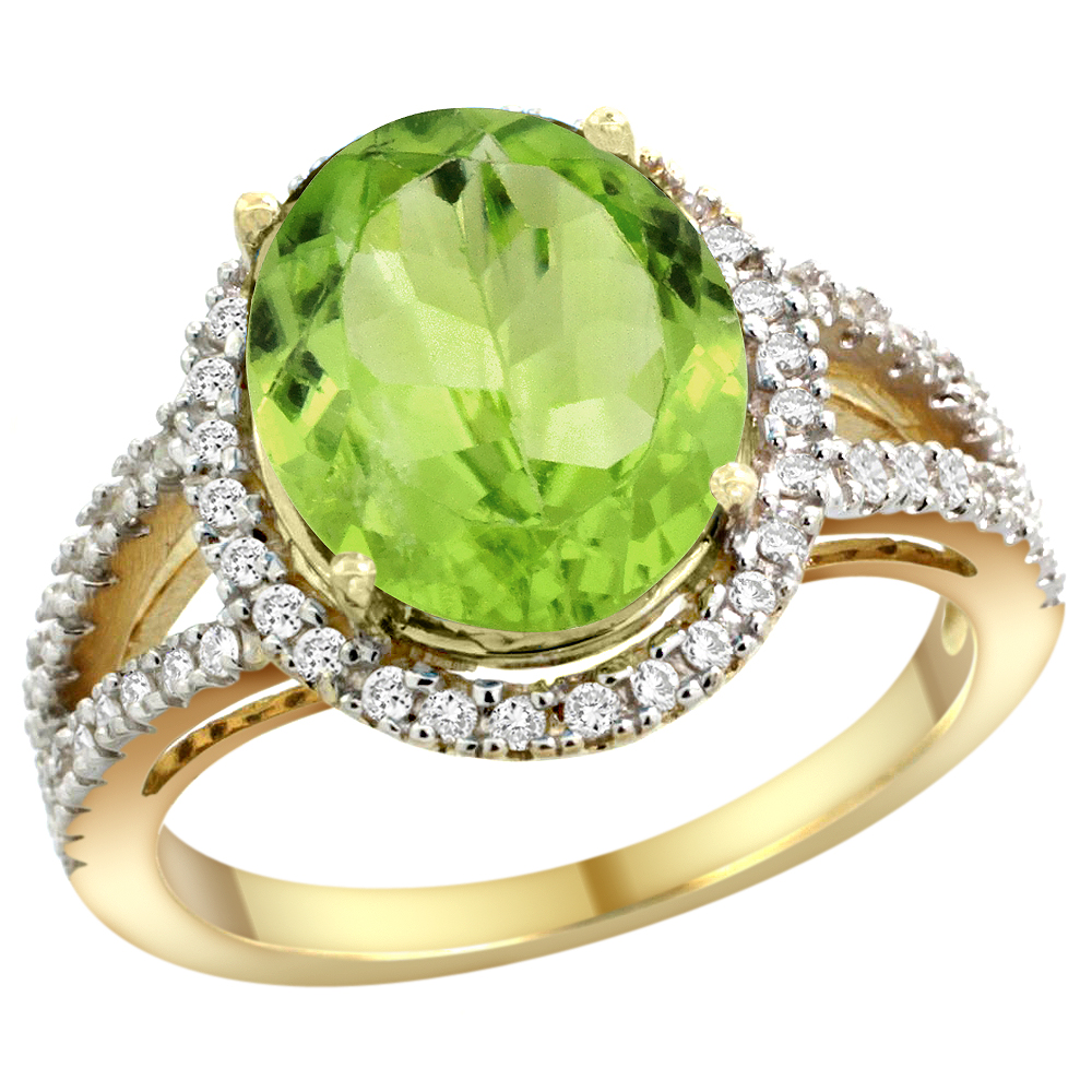 10K Yellow Gold Natural Peridot Ring Oval 12x10mm Diamond Accents, sizes 5 - 10 