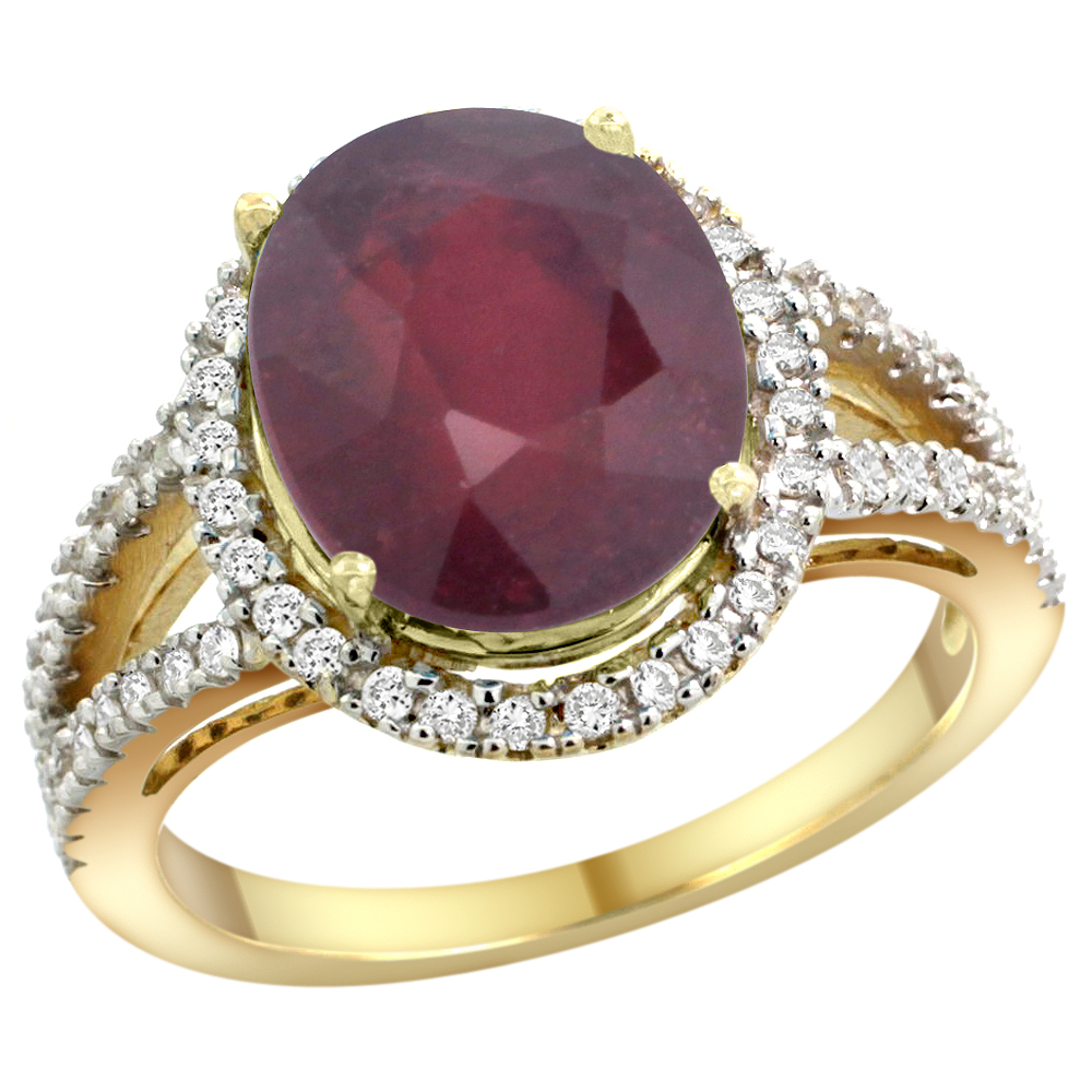 10K Yellow Gold Enhanced Ruby Ring Oval 12x10mm Diamond Accents, sizes 5 - 10 