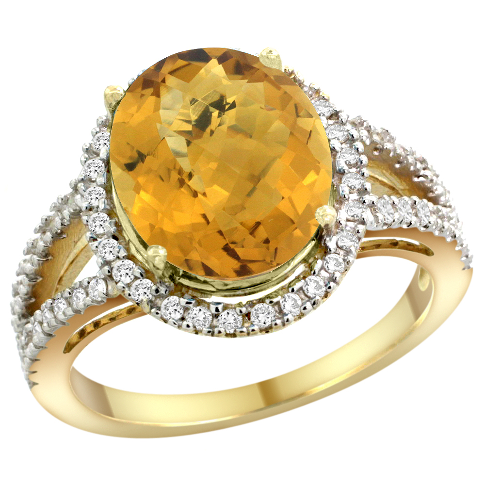 10K Yellow Gold Natural Whisky Quartz Ring Oval 12x10mm Diamond Accents, sizes 5 - 10 