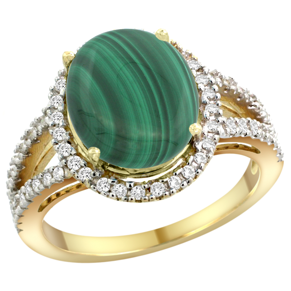 10K Yellow Gold Natural Malachite Ring Oval 12x10mm Diamond Accents, sizes 5 - 10 