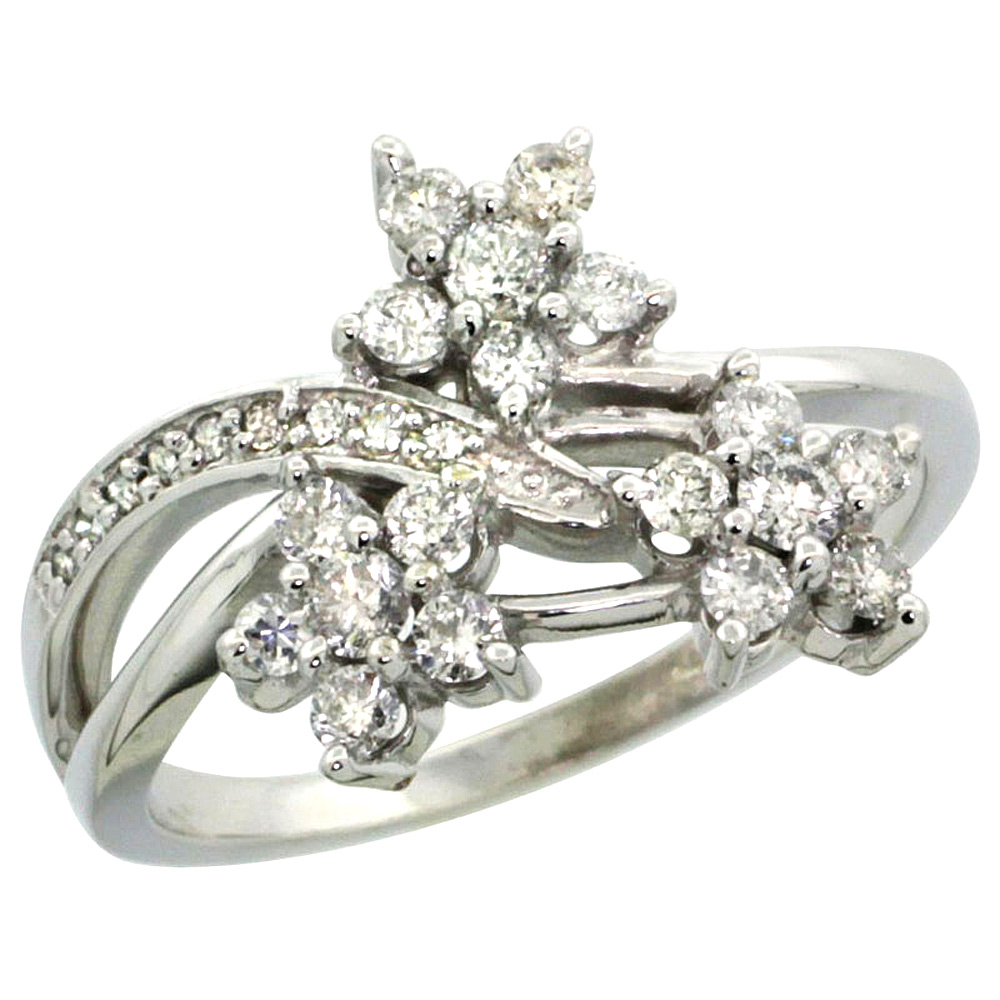 14k White Gold Flower Vine Diamond Ring w/ 0.61 Carat Brilliant Cut ( H-I Color; SI1 Clarity ) Diamonds, 1/2 in. (13mm) wide