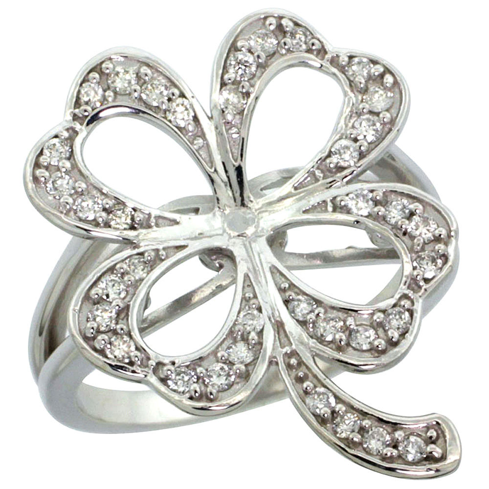 14k White Gold Clover Flower Shamrock Diamond Ring w/ 0.36 Carat Brilliant Cut ( H-I Color; SI1 Clarity ) Diamonds, 15/16 in. (24mm) wide