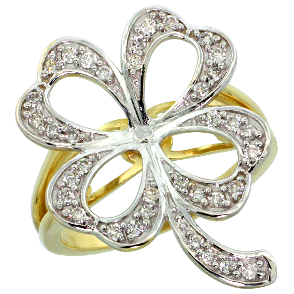 14k Gold Clover Flower Shamrock Diamond Ring w/ 0.36 Carat Brilliant Cut ( H-I Color; SI1 Clarity ) Diamonds, 15/16 in. (24mm) wide