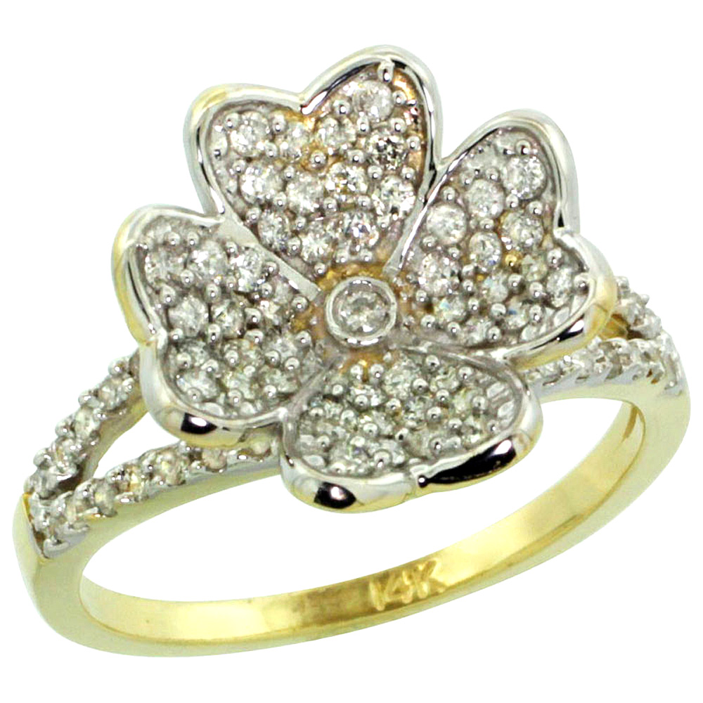 14k Gold Clover Flower Diamond Ring w/ 0.61 Carat Brilliant Cut ( H-I Color; SI1 Clarity ) Diamonds, 9/16 in. (14.5mm) wide