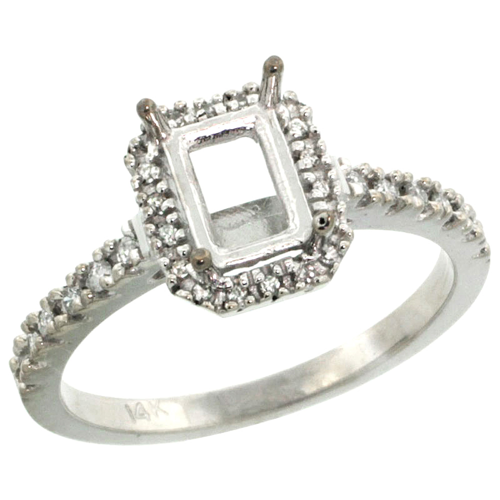 14k White Gold Semi Mount (for 7x5 Emerald Cut Stone) Engagement Ring w/ 0.21 Carat Brilliant Cut (H-I Color; SI1 Clarity) Diamonds, 3/8 in. (10mm) wide