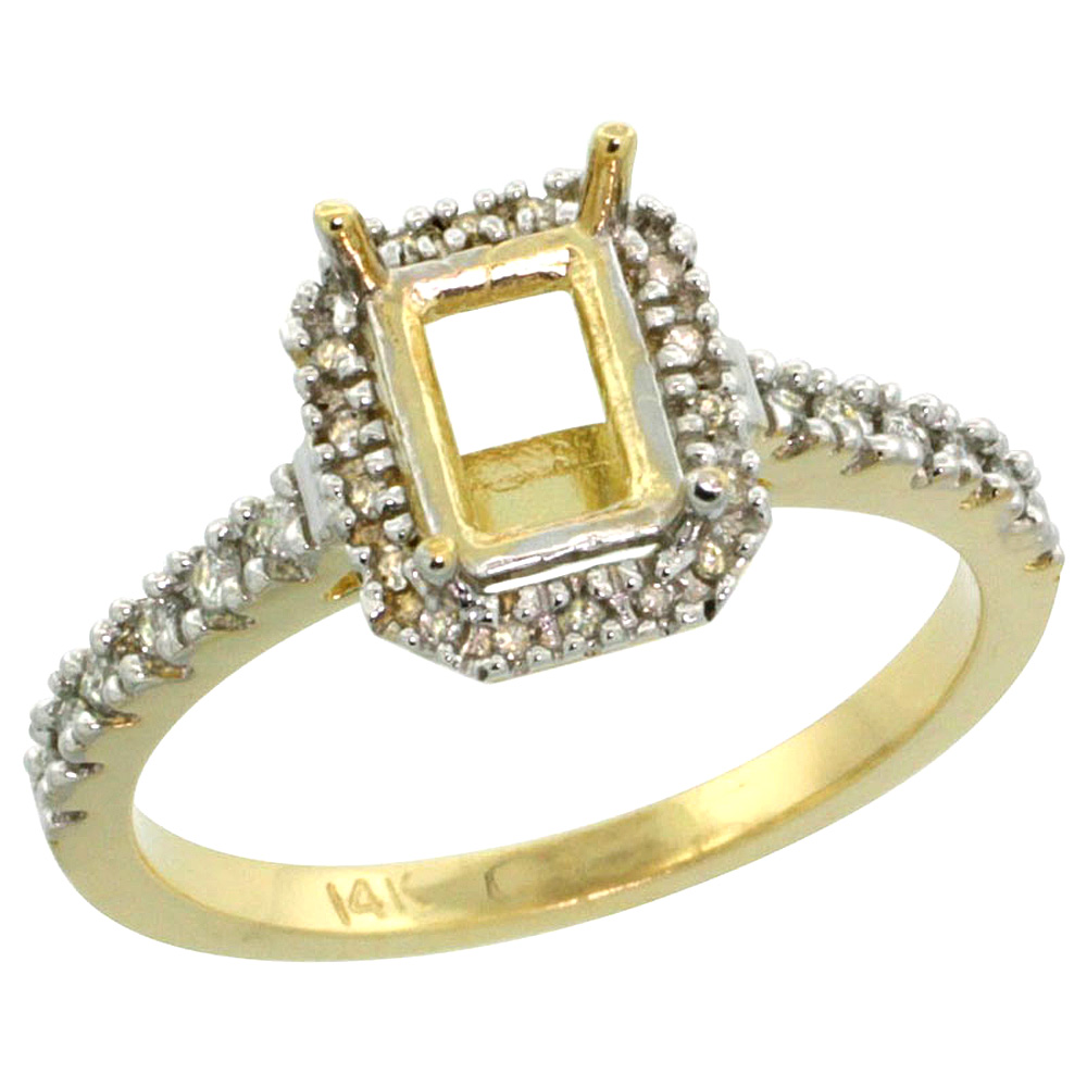 14k Gold Semi Mount (for 7x5 Emerald Cut Stone) Engagement Ring w/ 0.21 Carat Brilliant Cut (H-I Color; SI1 Clarity) Diamonds, 3/8 in. (10mm) wide