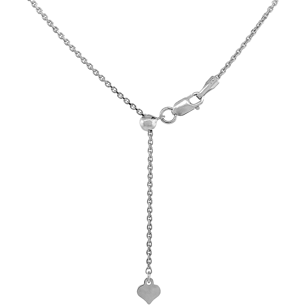 STERLING SILVER ADJUSTABLE CABLE CHAIN NECKLACE FOR WOMEN 1.3 MM RHODIUM FINISH NICKEL FREE 24 INCH