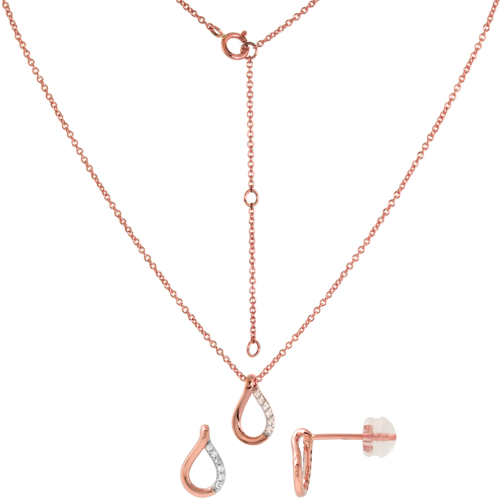Dainty 14k Rose Gold Diamond Teardrop Earrings and Necklace Set 0.09 cttw