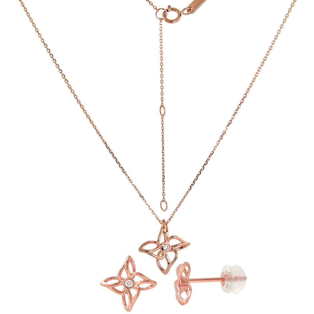 Tiny 14k Rose Gold Diamond Flower Earrings and Necklace Set 0.06 cttw