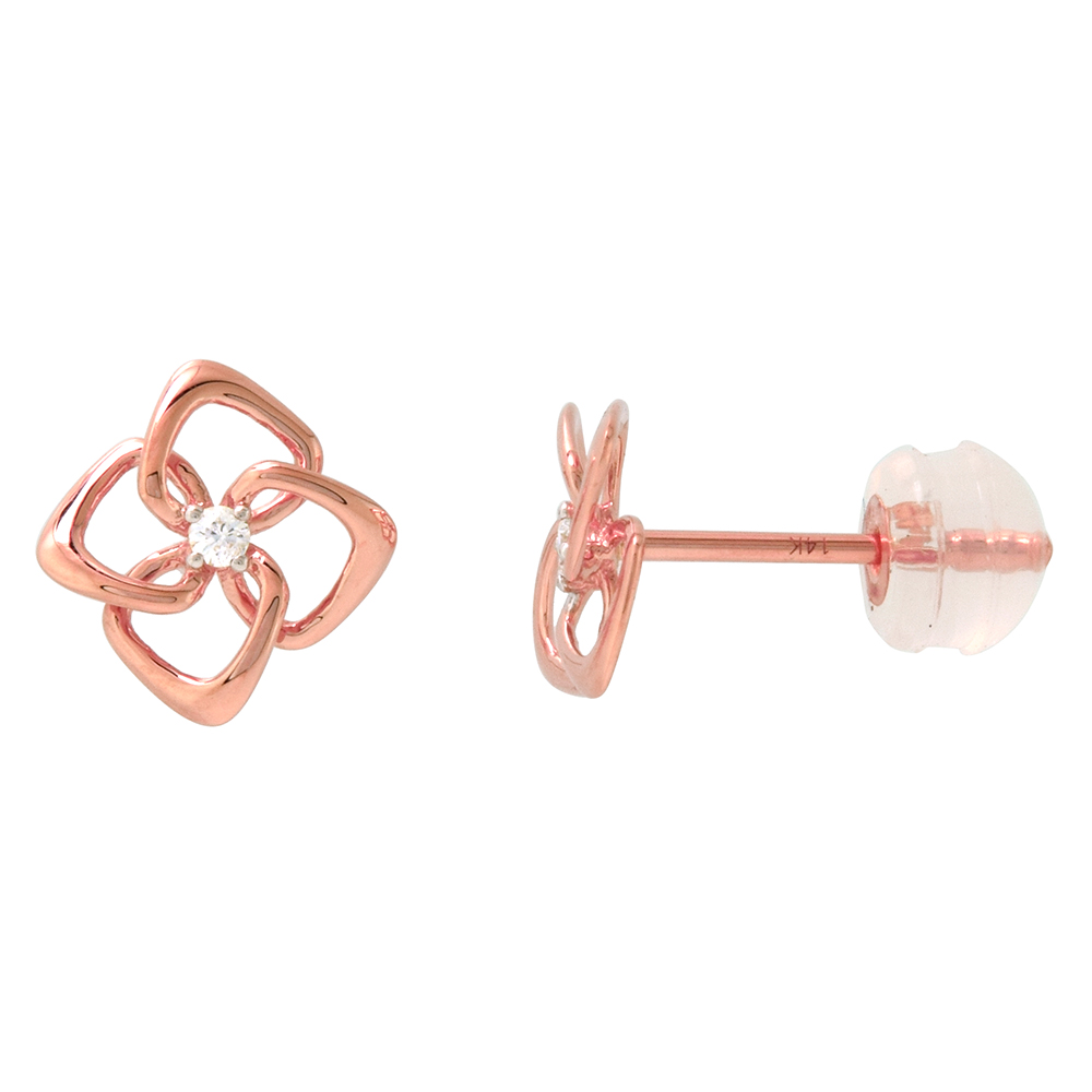 Dainty 14k Rose Gold Diamond Quatrefoil Stud Earrings for Women 5/16 inch wide 0.03 cttw