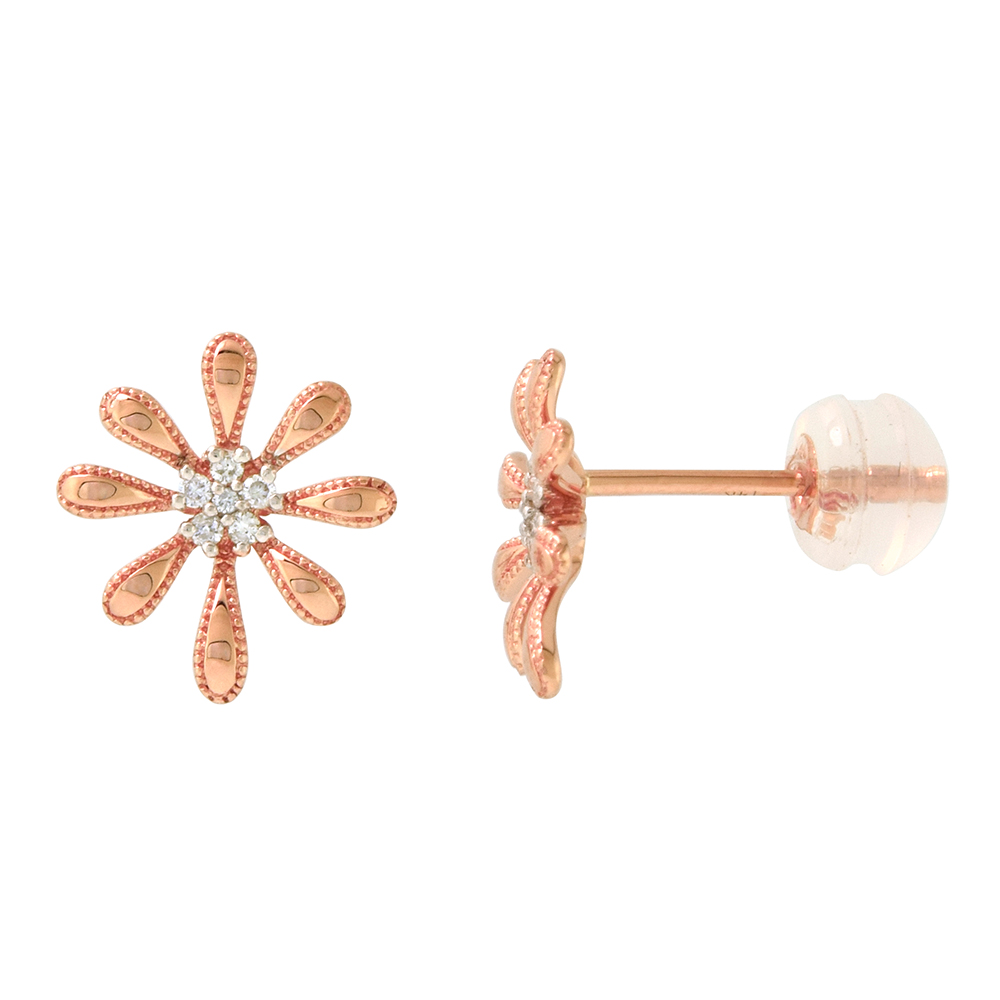 Dainty 14k Rose Gold Diamond Daisy Flower Stud Earrings for Women 7/16 inch wide 0.06 cttw