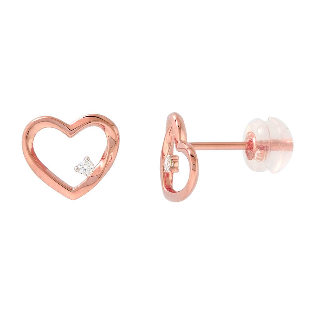 Dainty 14k Rose Gold Diamond Open Heart Stud Earrings for Women 3/8 inch wide 0.04 cttw