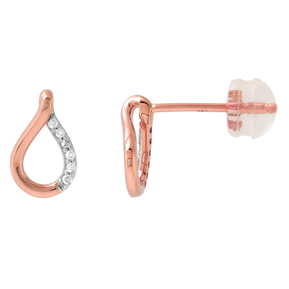 Dainty 14k Rose Gold Diamond Teardrop Stud Earrings for Women 3/8 inch wide 0.05 cttw