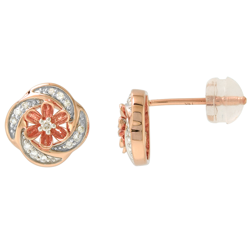 DAINTY 14K GOLD DIAMOND 6 PETAL FLOWER STUD EARRINGS FOR WOMEN 0.12 CTTW 3/8 INCH WIDE 0.12 CTTW