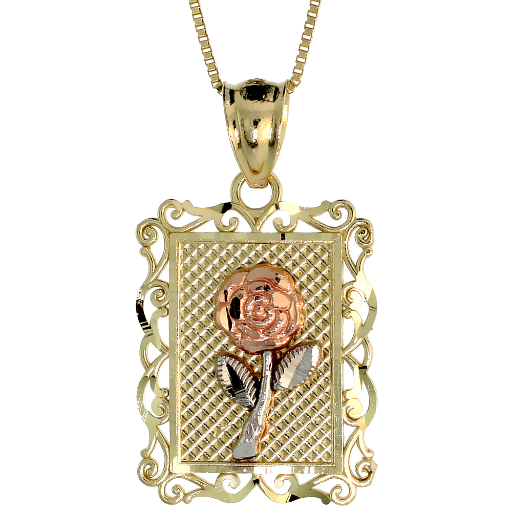 10k Gold Rose Flower on Frame Necklace 3/4 high, 18 inch