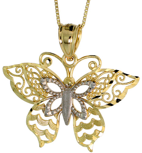10k Gold Filigree Butterfly Necklace 2-tone 3/4 high, 18 inch