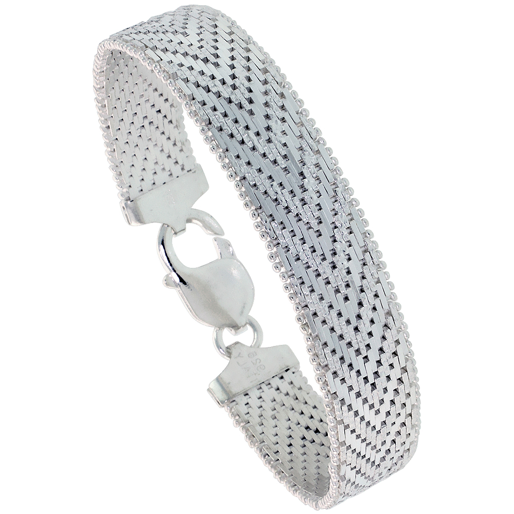 STERLING SILVER ITALIAN RICCIO BRACELET 15-ROW 1/2 INCH WIDE, SIZES 7 - 8