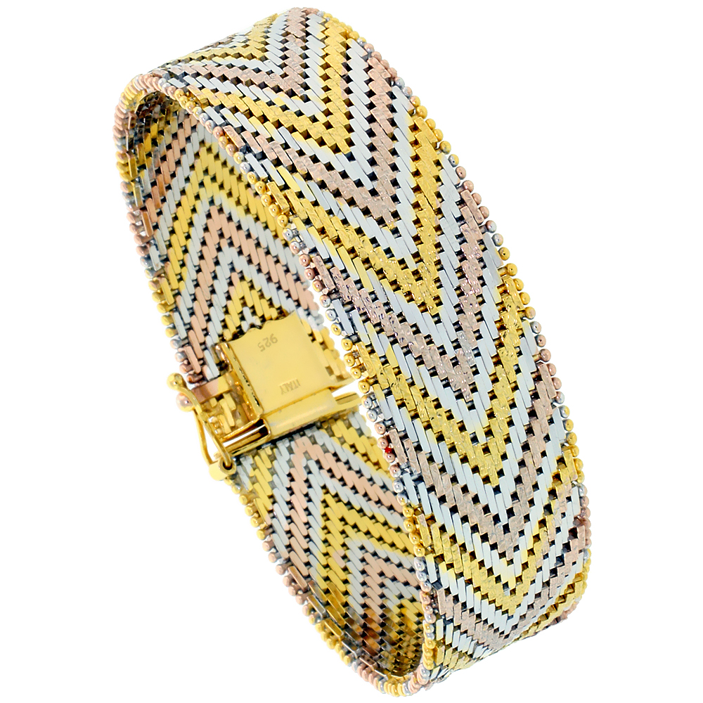 STERLING SILVER ITALIAN TRI-COLOR RICCIO BRACELET 21-ROW 5/8 INCH WIDE, SIZES 7 - 8