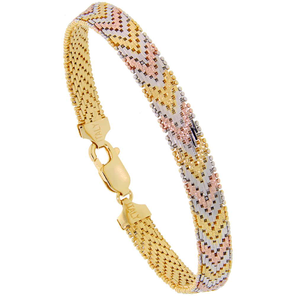 STERLING SILVER ITALIAN TRI-COLOR RICCIO BRACELET 7-ROW 1/4 INCH WIDE, SIZES 7 - 18