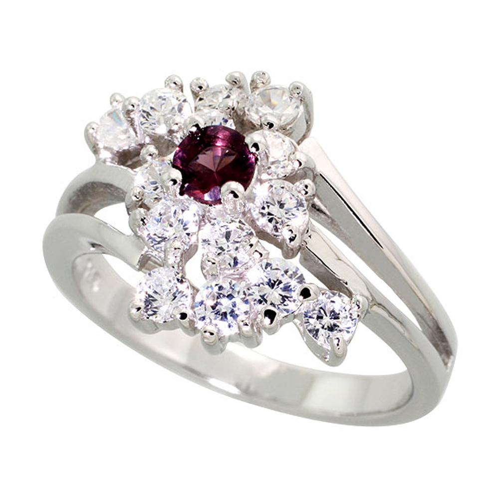 Sterling Silver Amethyst Cubic Zirconia Cocktail Ring Rhodium finish, sizes 5 - 9