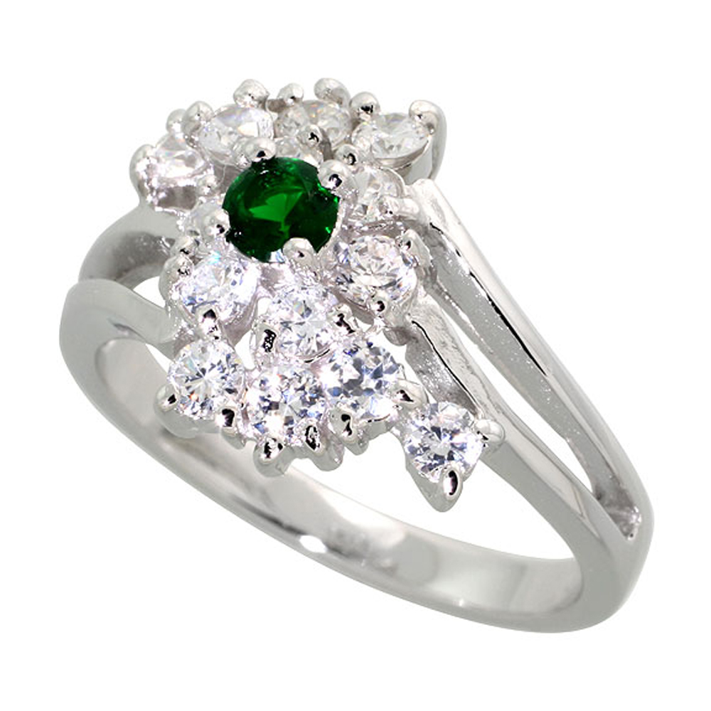 Sterling Silver Emerald Cubic Zirconia Cocktail Ring Rhodium finish, sizes 5 - 9